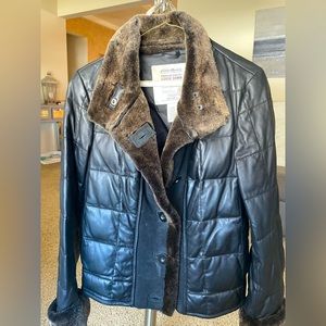 Eddie Bauer leather and fur bomber coat